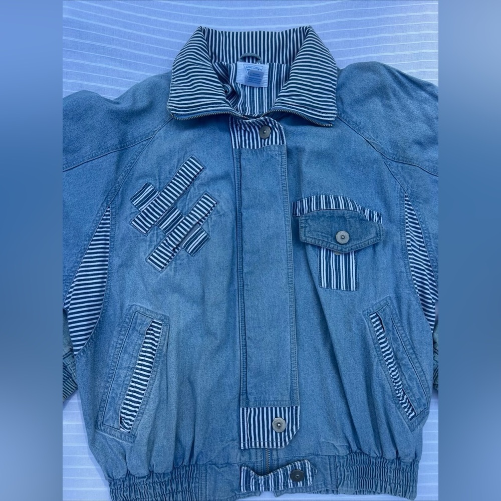 Chicory Vintage Denim Jacket Size Small Light Wash Stripes Zips